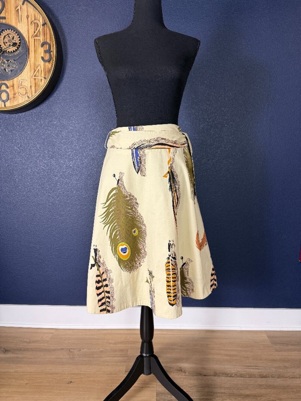 Odille Anthropologie Cream Peacock Feather Print Cotton Wrap Midi Skirt | 2